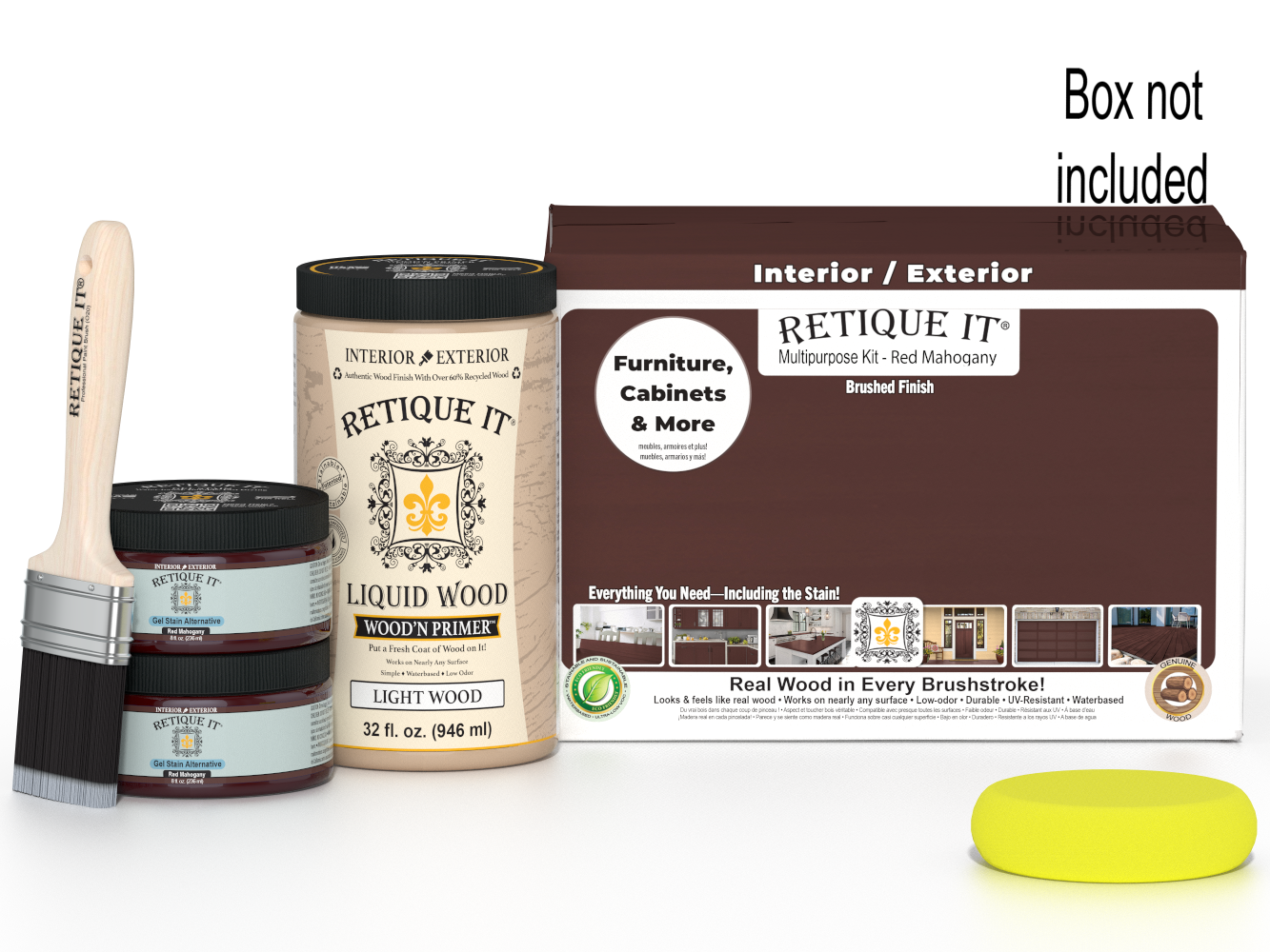 Large Red Mahogany Wood'n Finish Kit by Retique It® with smooth finish and multiple tools for woodworking projects.