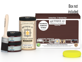 Large Red Mahogany Wood'n Finish Kit by Retique It® with smooth finish and multiple tools for woodworking projects.