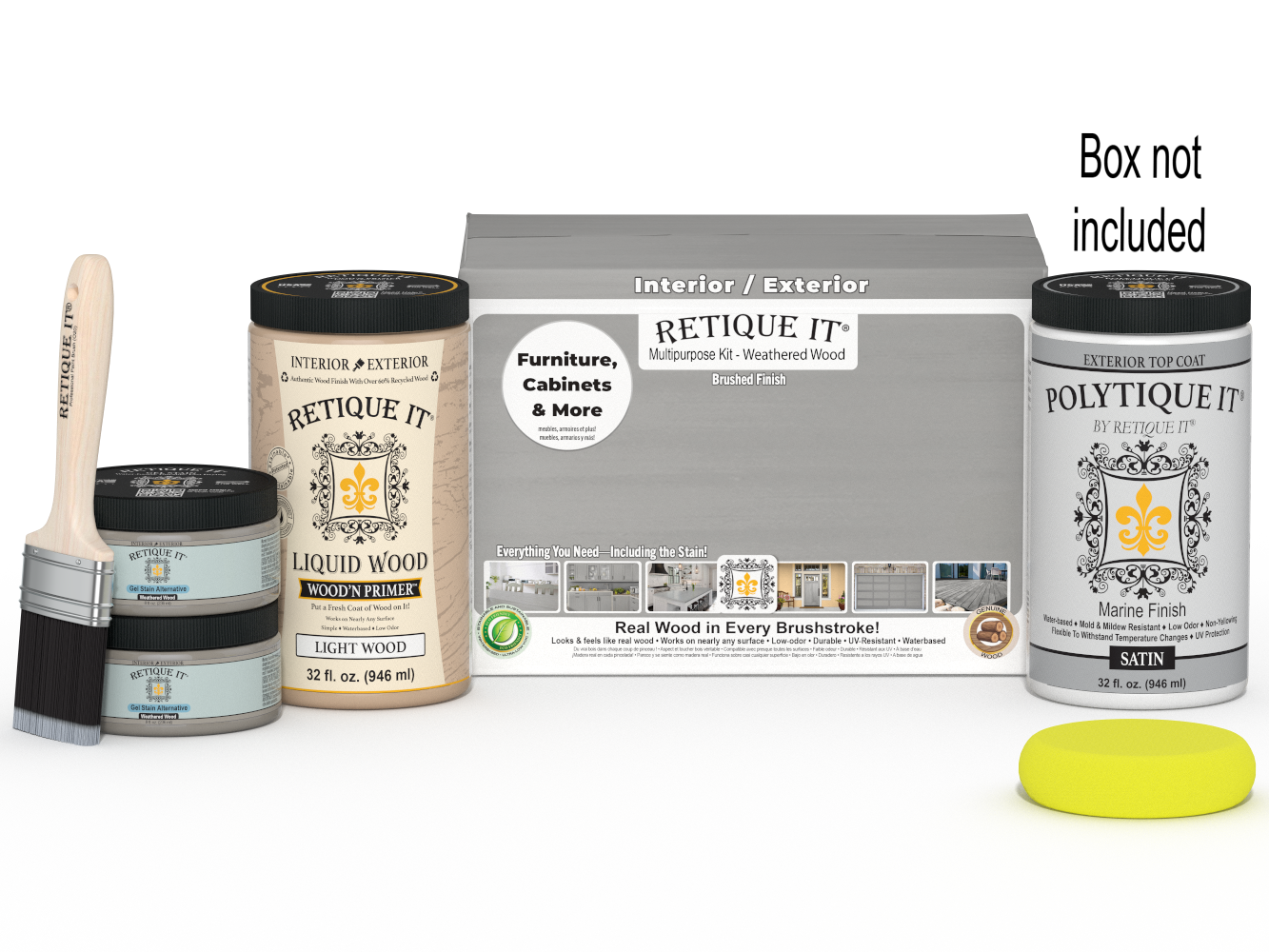Large Weathered Wood Multi-purpose Smooth Finish Kit by Retique It® for exterior wood projects, includes top coat and application tools.