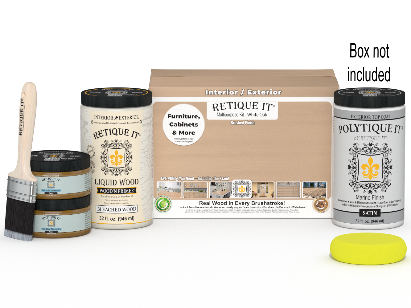 Large white oak exterior wood finish kit by Retique It® featuring smooth finish and top coat in a multi-purpose wood finishing set.
