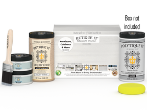 Large white wash exterior gloss wood finish kit by Retique It® with smooth finish, including top coat and application tools.