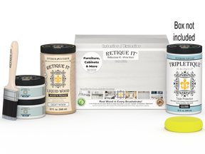 Large white wash interior wood finish kit from Retique It® with gloss top coat and smooth finish, includes application tools and materials.