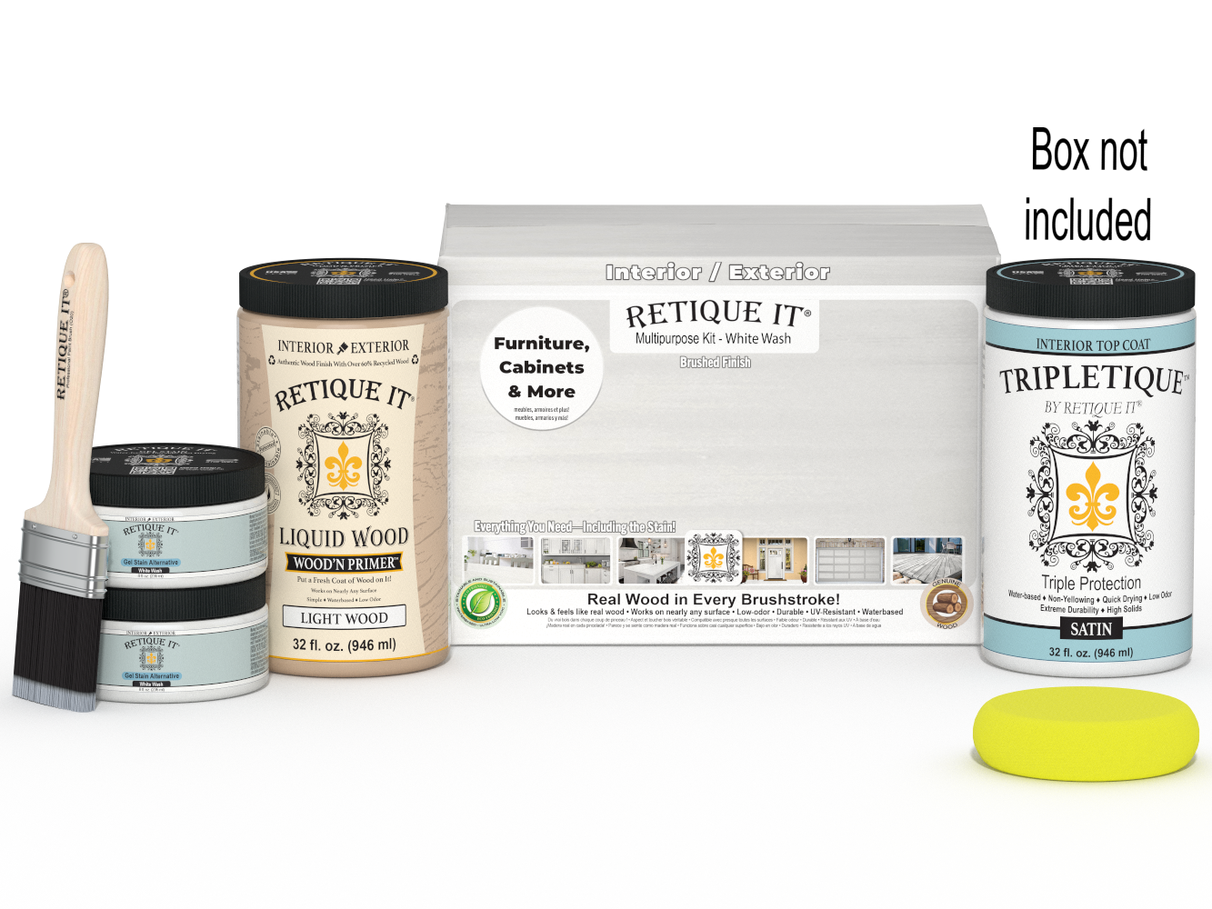 Large white wash interior wood finish kit by Retique It® with smooth finish and top coat, shown in packaging with tools and product labels.