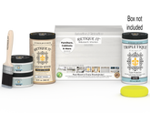 Large white wash interior wood finish kit by Retique It with smooth finish and top coat, shown in packaging with tools and product labels.