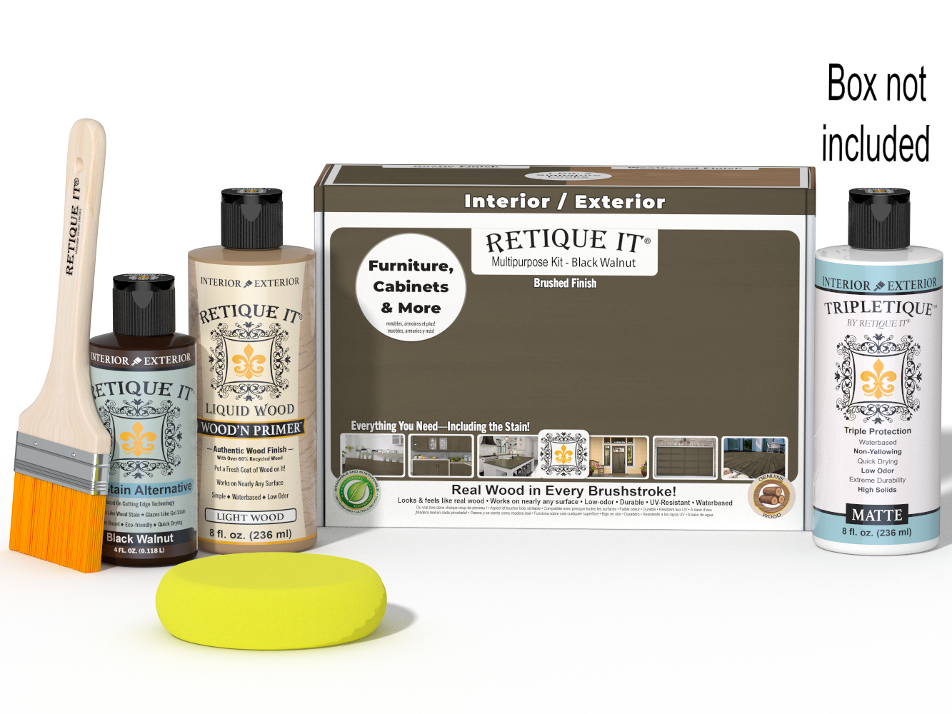 Retique It® Multi-purpose Smooth Finish Kit in Black Walnut for interior wood projects, includes top coat and accessories.