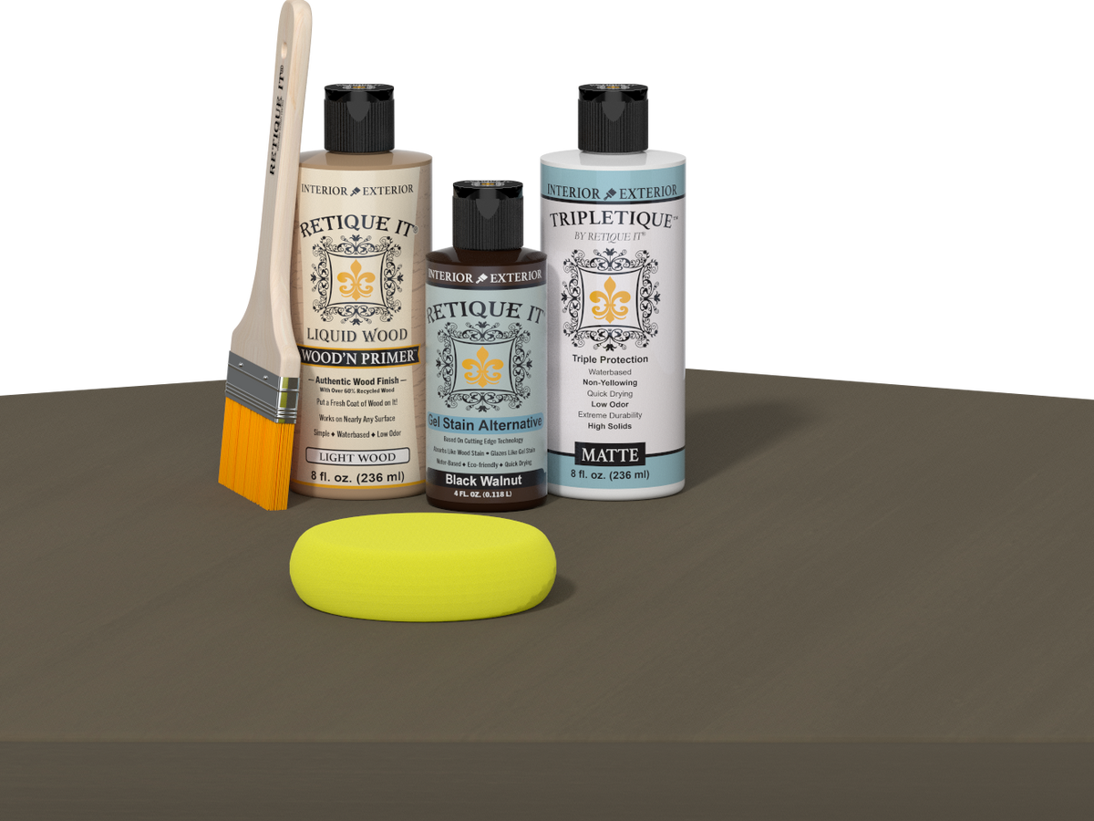 Retique It® Black Walnut multi-purpose wood finish kit with smooth interior top coat application on wooden surface.
