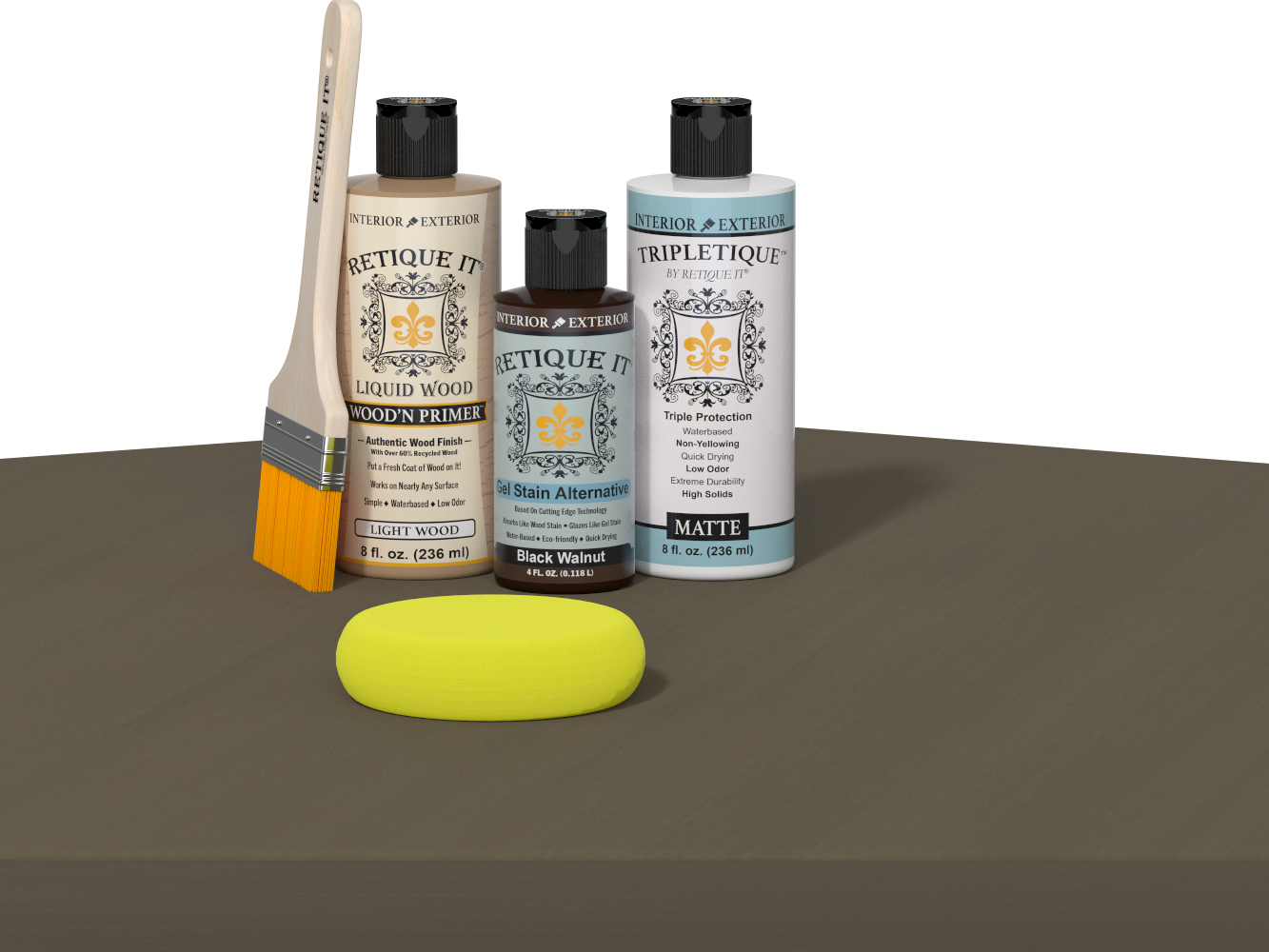Retique It® Black Walnut multi-purpose wood finish kit with smooth interior top coat application on wooden surface.
