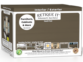 Retique It wood finish kit with four black walnut interior top coat bottles in a box, showcasing smooth finish for wood projects.