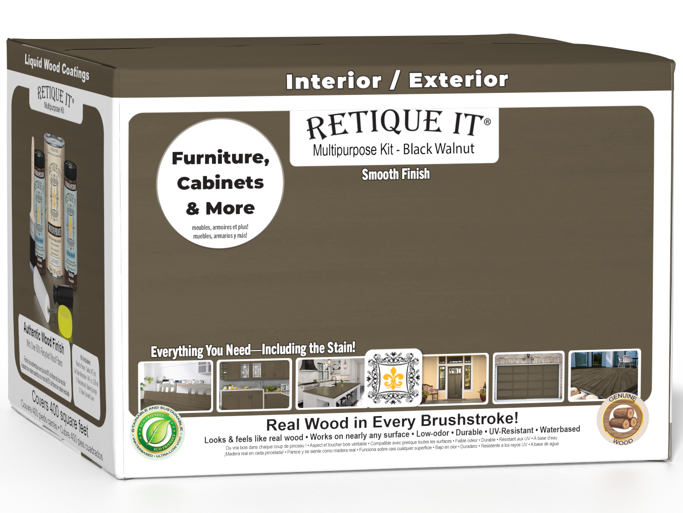 Retique It® Black Walnut Multi-purpose Smooth Finish Kit with exterior top coat, matte black walnut wood finish, 4-piece set