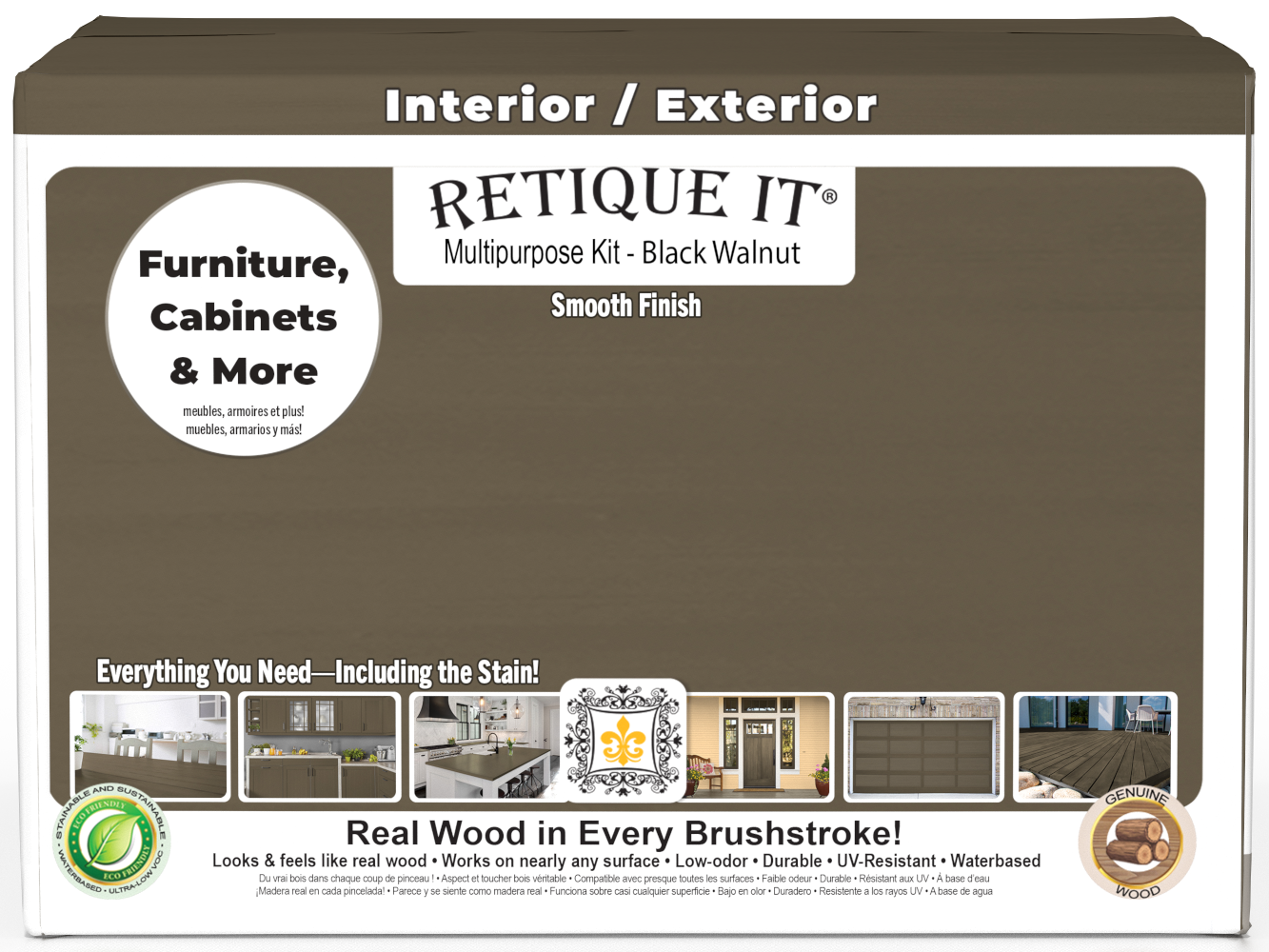 Retique It Wood'n Finish Kits black walnut interior top coat in a multi-purpose smooth finish kit with four large containers.