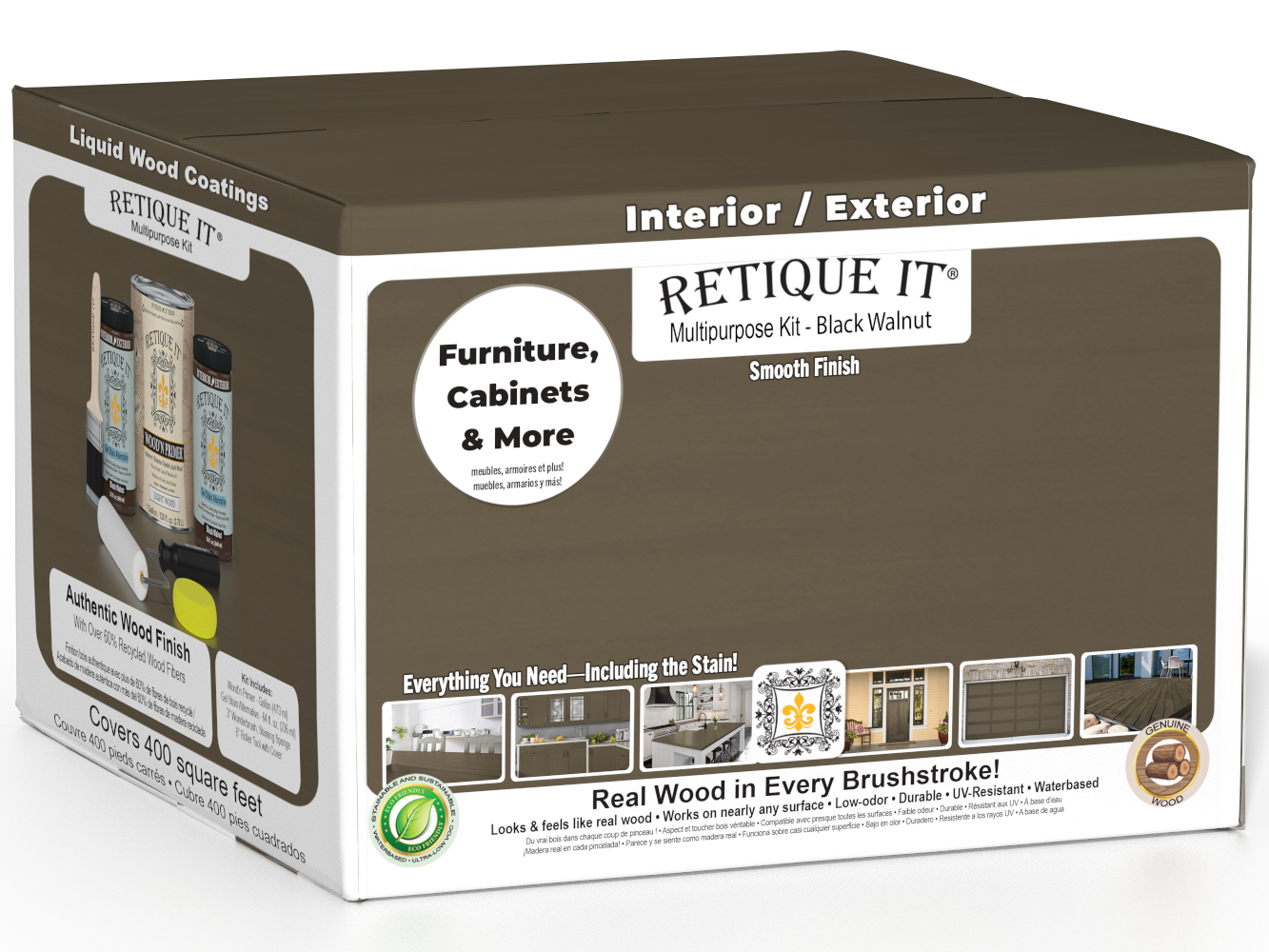 Retique It® multi-purpose wood finish kit in black walnut with four large containers, featuring smooth finish and easy application.