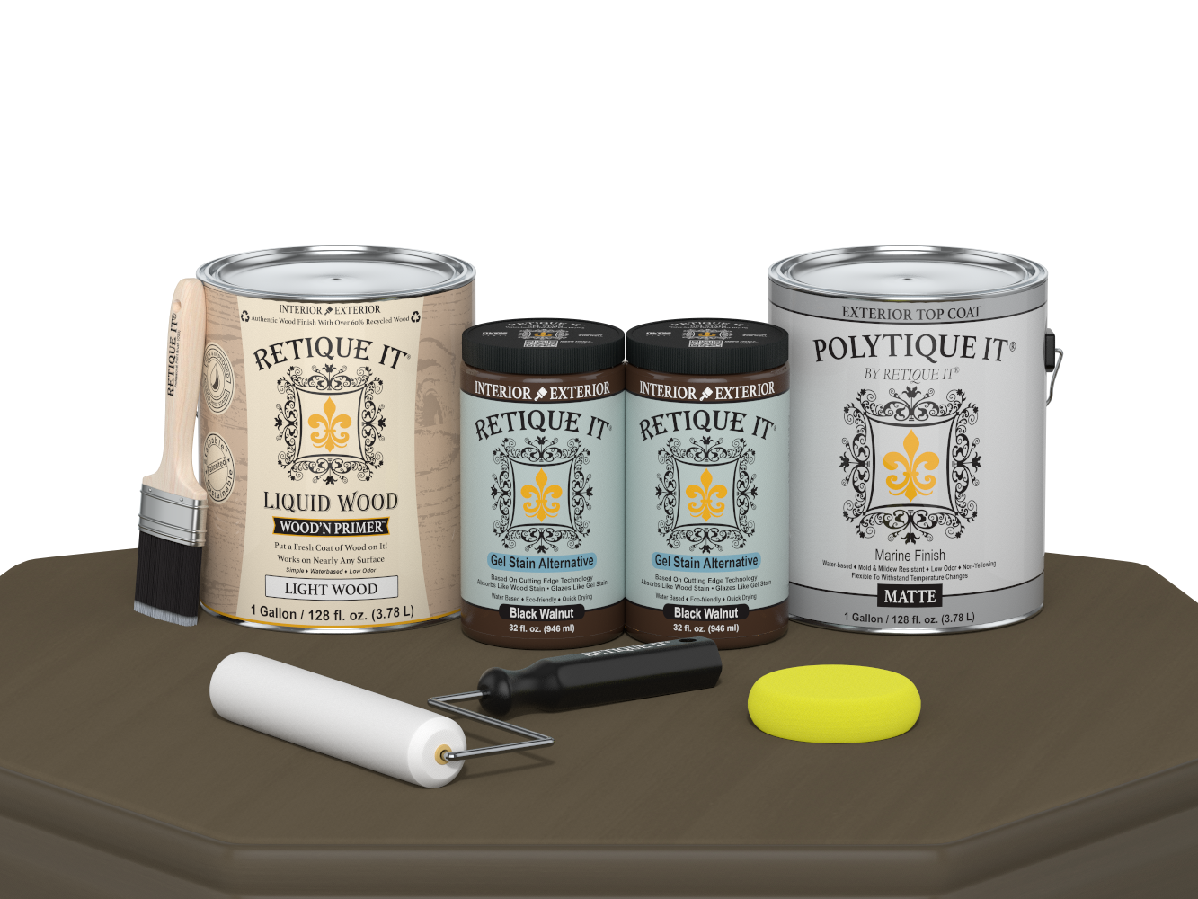 Retique It® Black Walnut Multi-purpose Smooth Finish Kit with four large exterior top coat bottles on a wooden table.