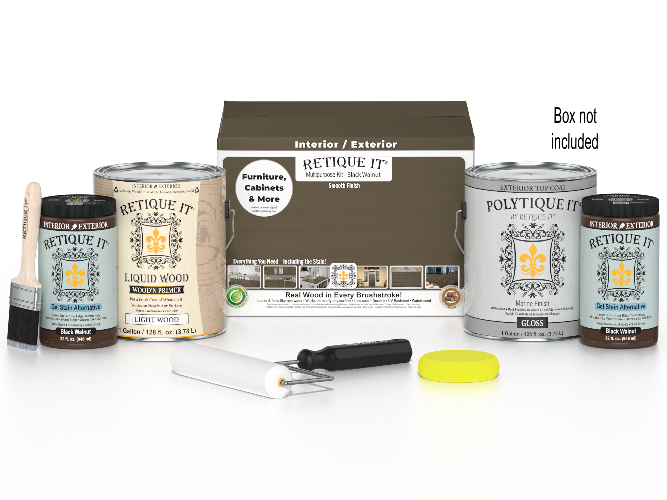 Retique It® Wood'n Finish Kit with four black walnut exterior top coats, matte finish, for smooth wood surface restoration.