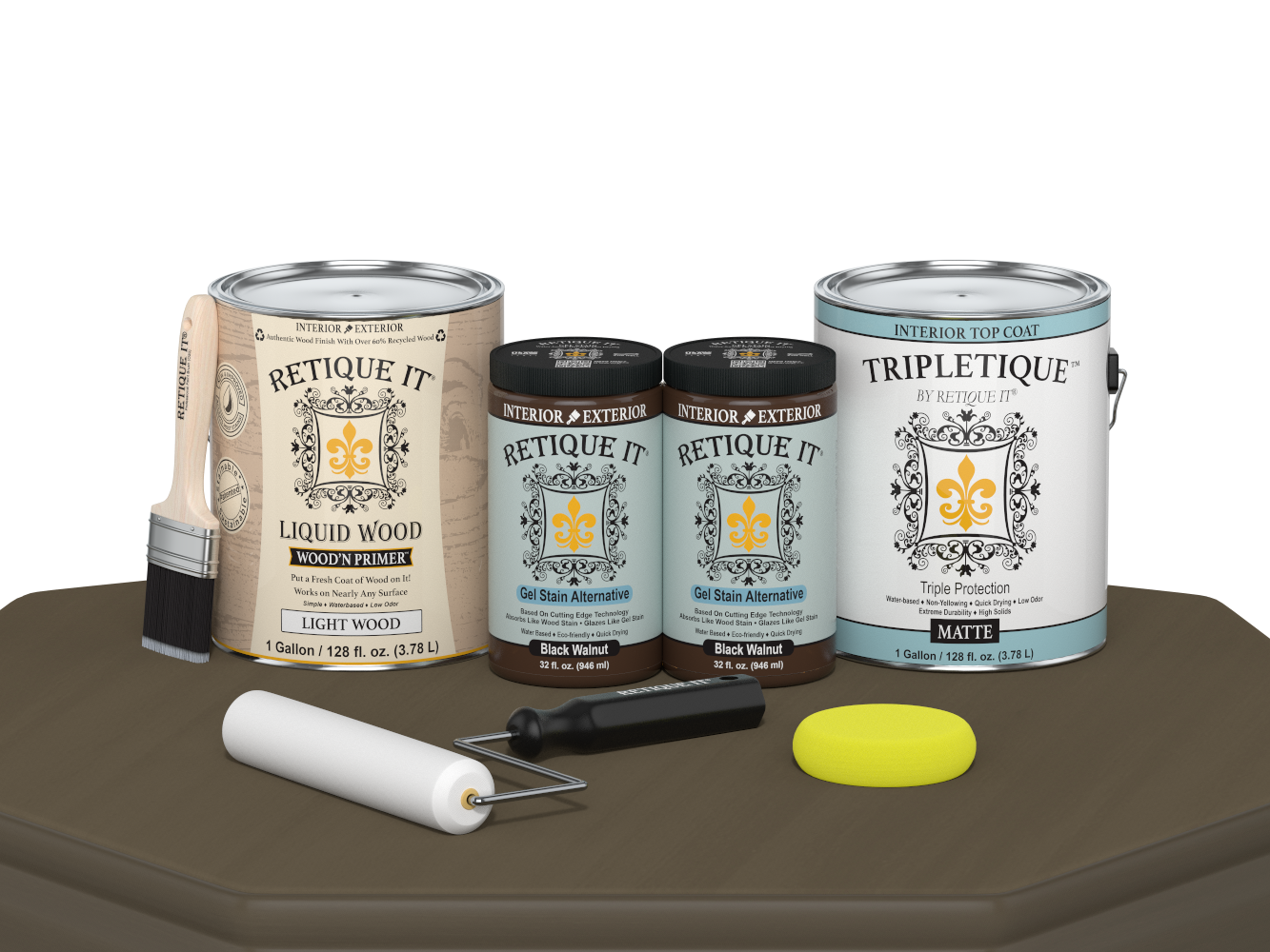 Retique It Black Walnut Multi-purpose Smooth Finish Kit with four large interior top coat bottles on a table.