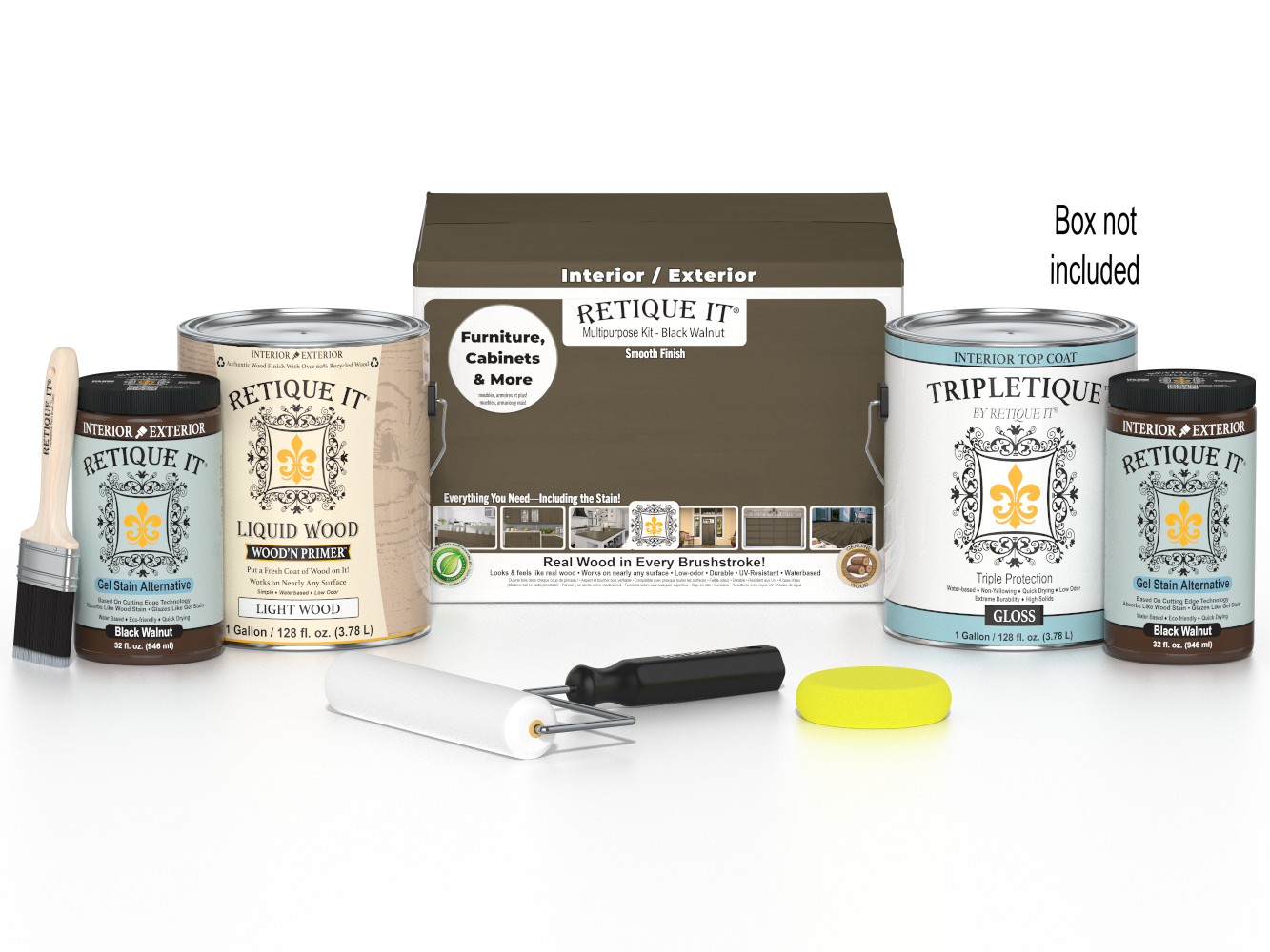 Retique It Black Walnut multi-purpose smooth finish kit with four large interior top coat bottles and application tools.