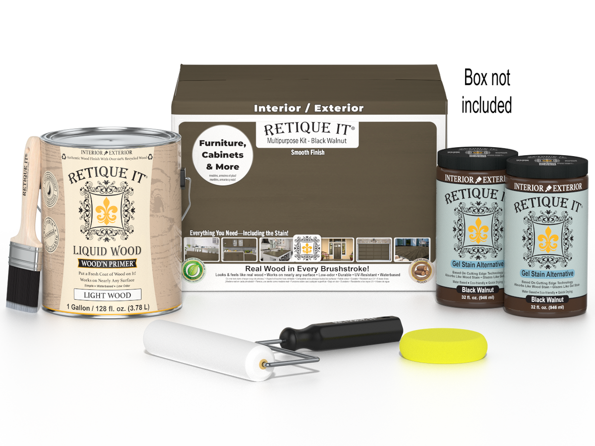 Retique It® Black Walnut Multi-purpose Smooth Finish Kit with four large containers for wood finishing projects.