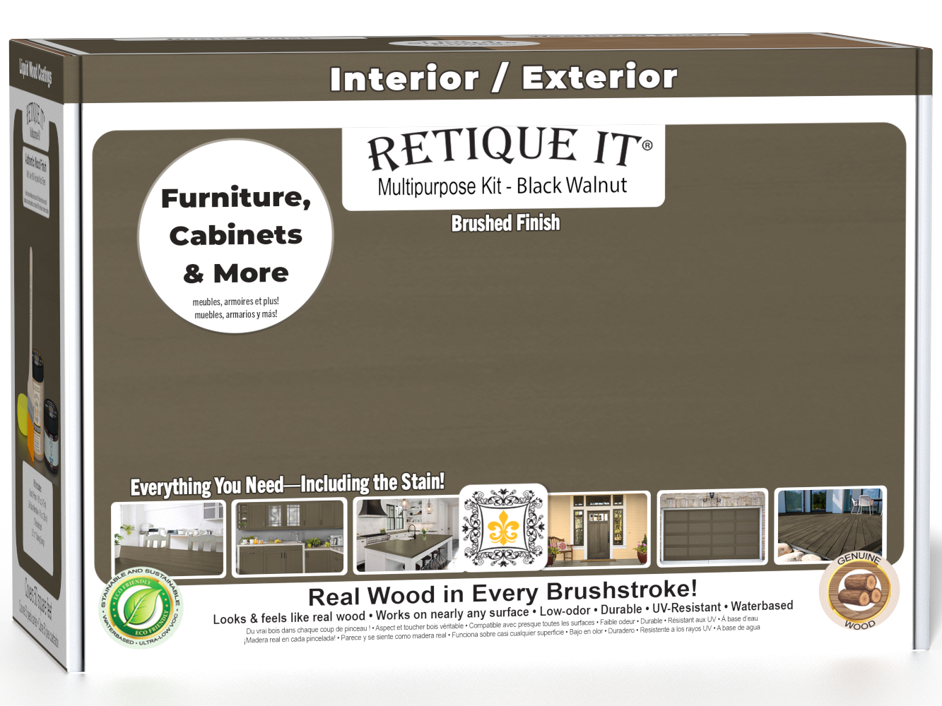 Black Walnut Multi-purpose Smooth Finish Kit (Med) by Retique It® for wood finishing, shown in the box with tools and product components.