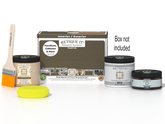 Retique It Multi-purpose Smooth Finish Kit in black walnut for exterior wood projects, includes top coat and application tools.