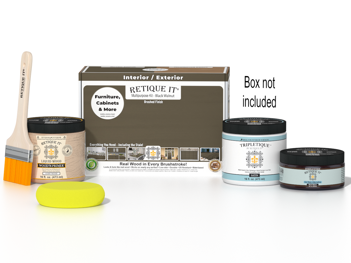 Retique It Black Walnut Multi-purpose Smooth Finish Kit for interior wood projects, includes top coat and tools in a box.