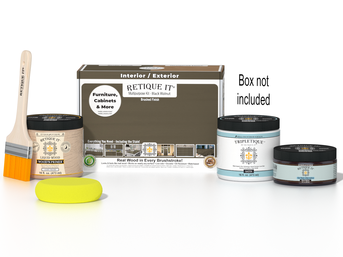 Retique It® Black Walnut Multi-purpose Smooth Finish Kit for interior wood projects, includes top coat and tools in a box.