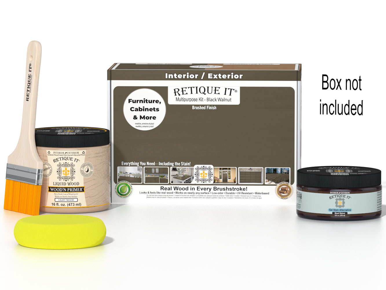 Retique It® Black Walnut Multi-purpose Smooth Finish Kit (Med) with applicator brushes and finishing tools inside the box.