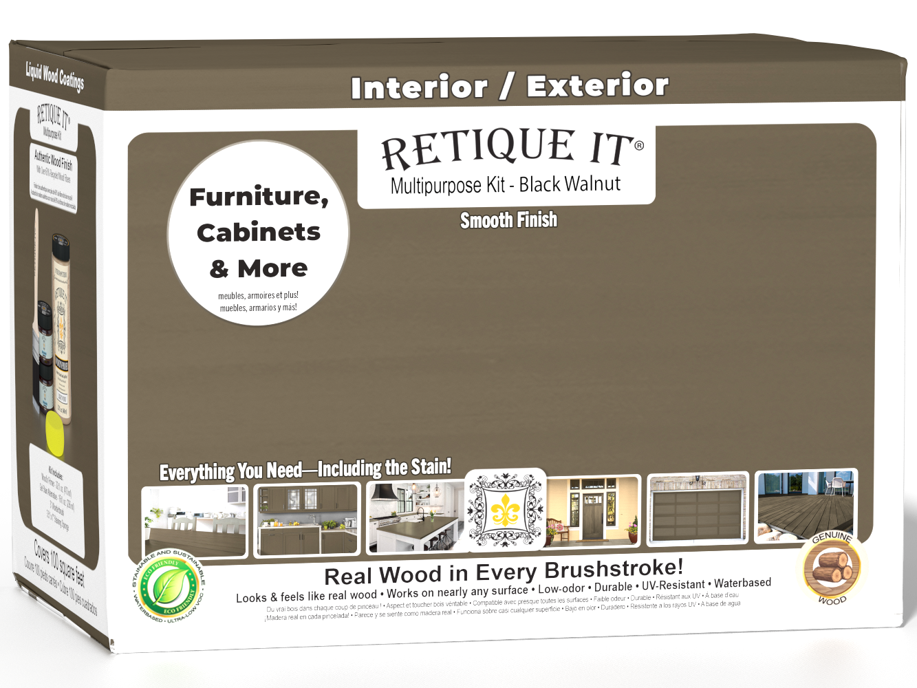 Large black walnut wood finish kit by Retique It® with smooth finish and applicator tools, designed for multi-purpose wood projects.