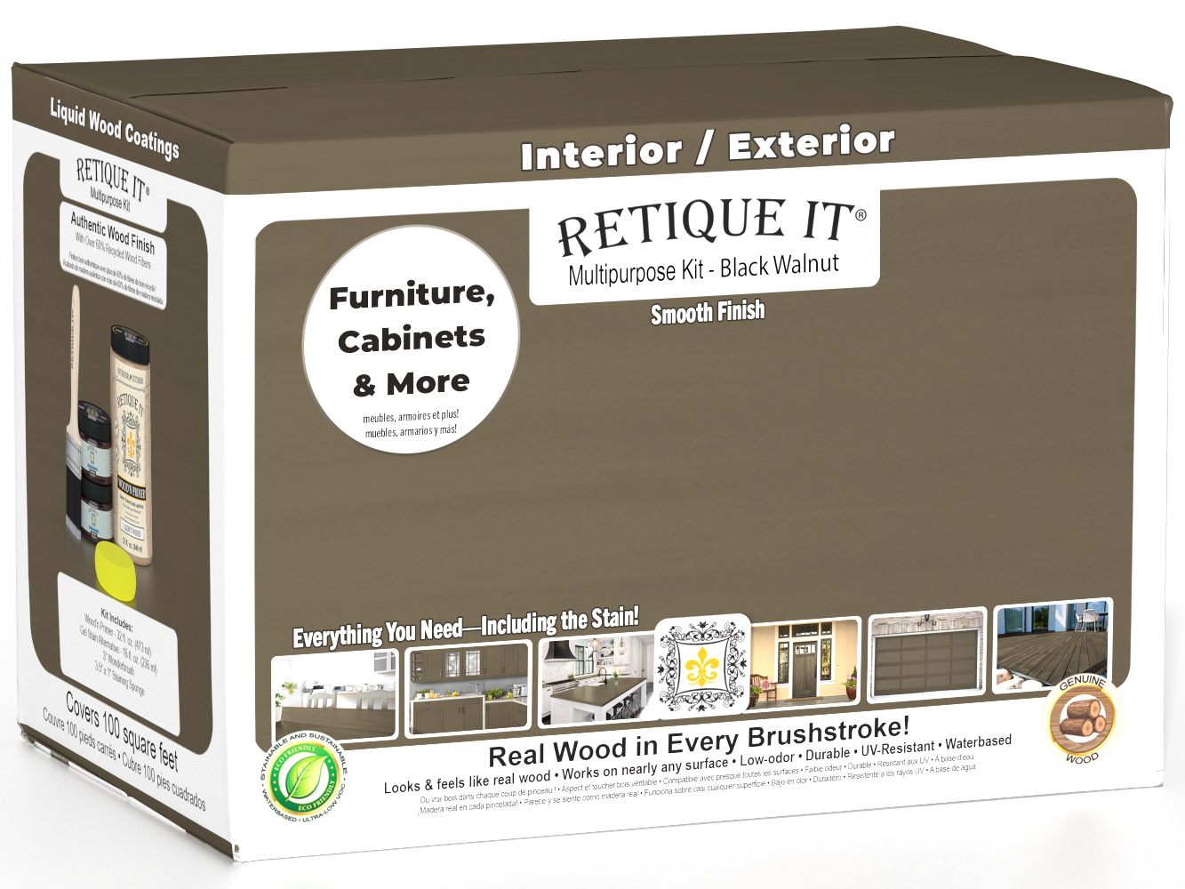Retique It® Multi-purpose Smooth Finish Kit in large black walnut for interior wood top coating, includes brushes and finishing tools.