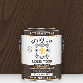 Retique It® Liquid Wood Wood'n Stain in Black Walnut, 128 oz, showing the dark wood stain liquid in a clear container.