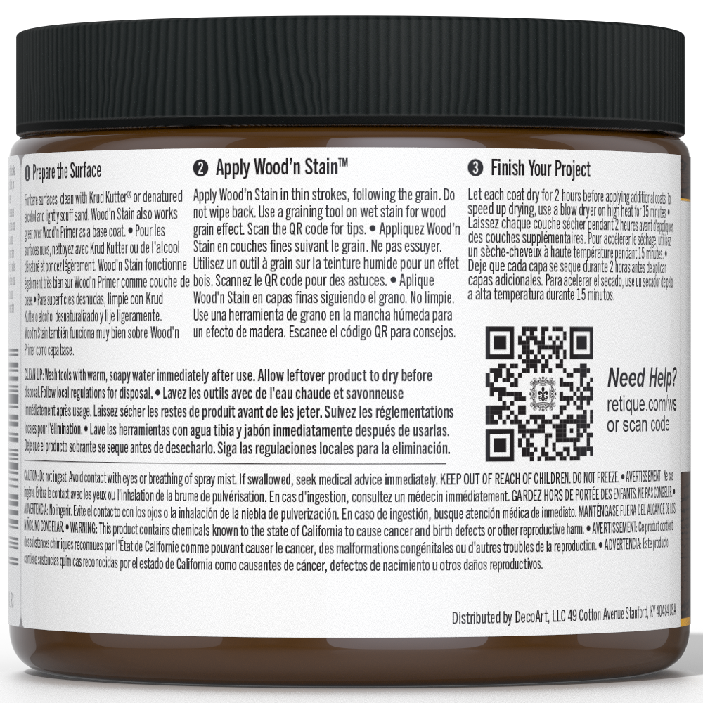 Retique It Liquid Wood Wood'n Stain in Black Walnut color, 16 oz, showcasing the dark, rich stain applied to wood surface.