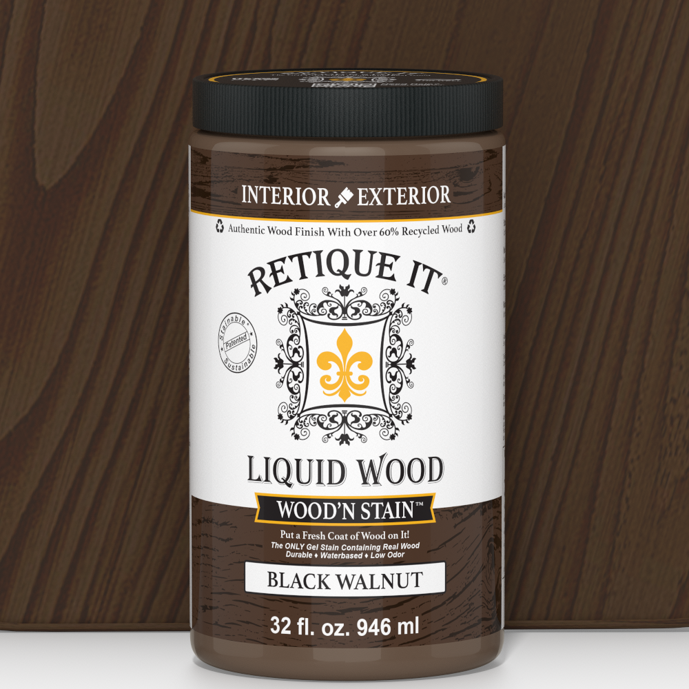 Retique It® Liquid Wood Wood'n Stain in Black Walnut, 32 oz bottle, showing the dark stain color and applicator cap.
