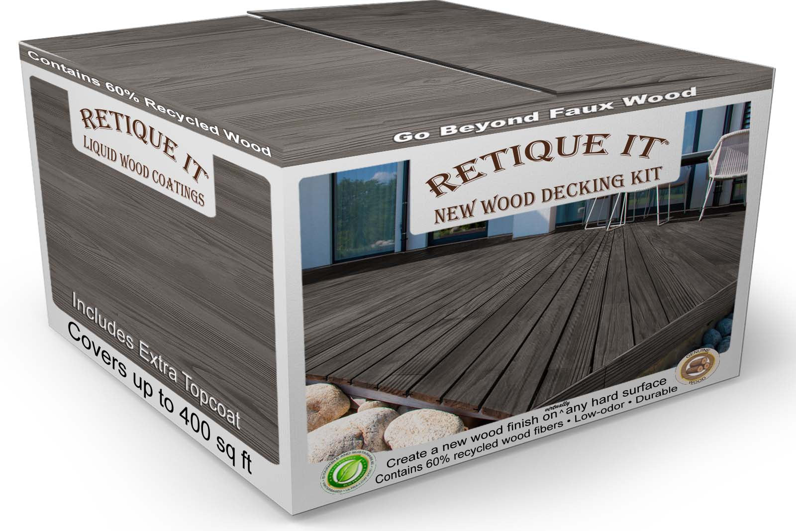 Retique It Decking Wood'n Kit in Harbor Gray stain, featuring a box with grained wood texture for outdoor decking projects.