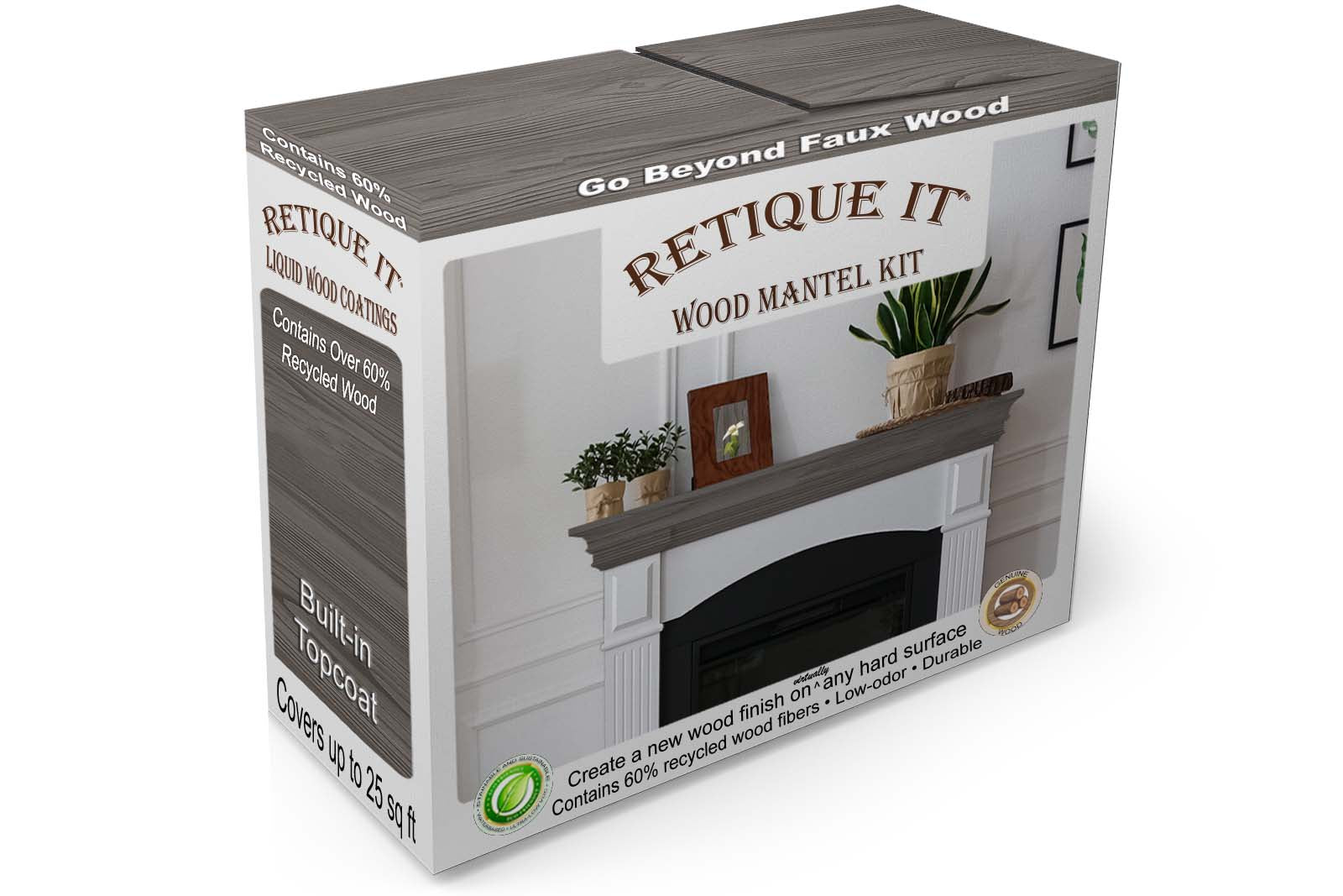 Retique It Fireplace Mantel Wood'n Finish Kit in Harbor Gray stain, showing the boxed kit with wood grain finish.