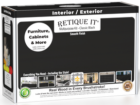 Retique It® Multi-purpose Smooth Finish Kit in Classic Black for interior wood projects, includes top coat and application tools.