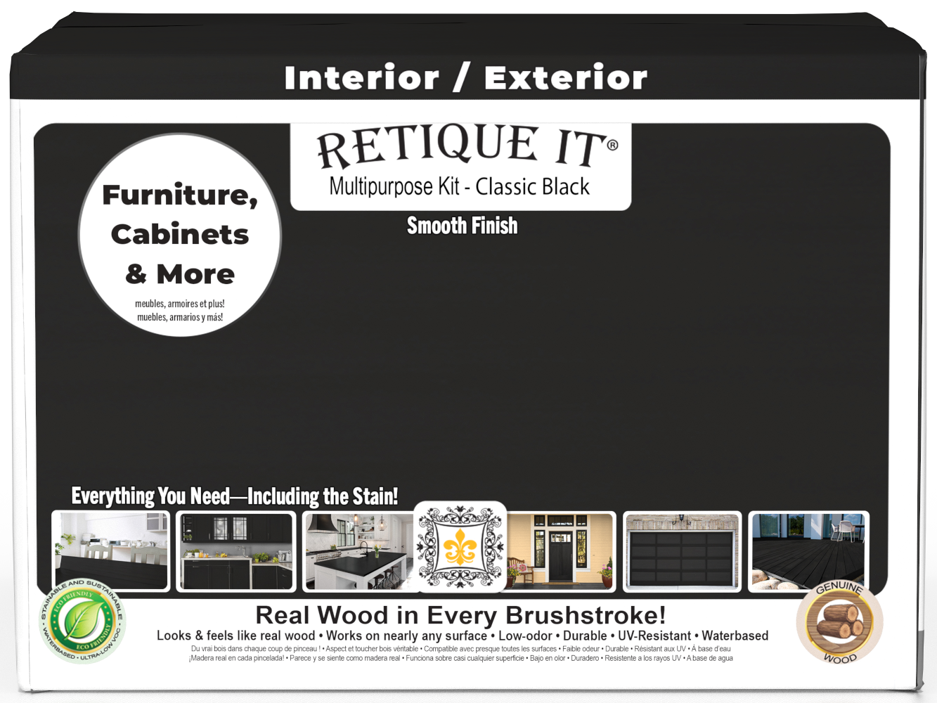 Retique It® Multi-purpose Smooth Finish Kit in classic black for interior wood surfaces, featuring a matte top coat in a large box.
