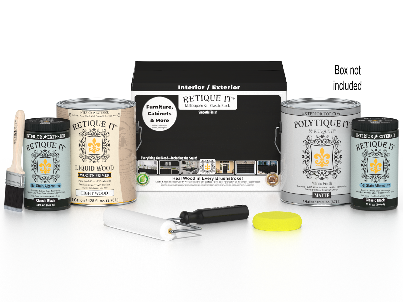 Retique It® Multi-purpose Smooth Finish Kit in Classic Black for exterior wood surfaces, includes 4 large top coat bottles with box.