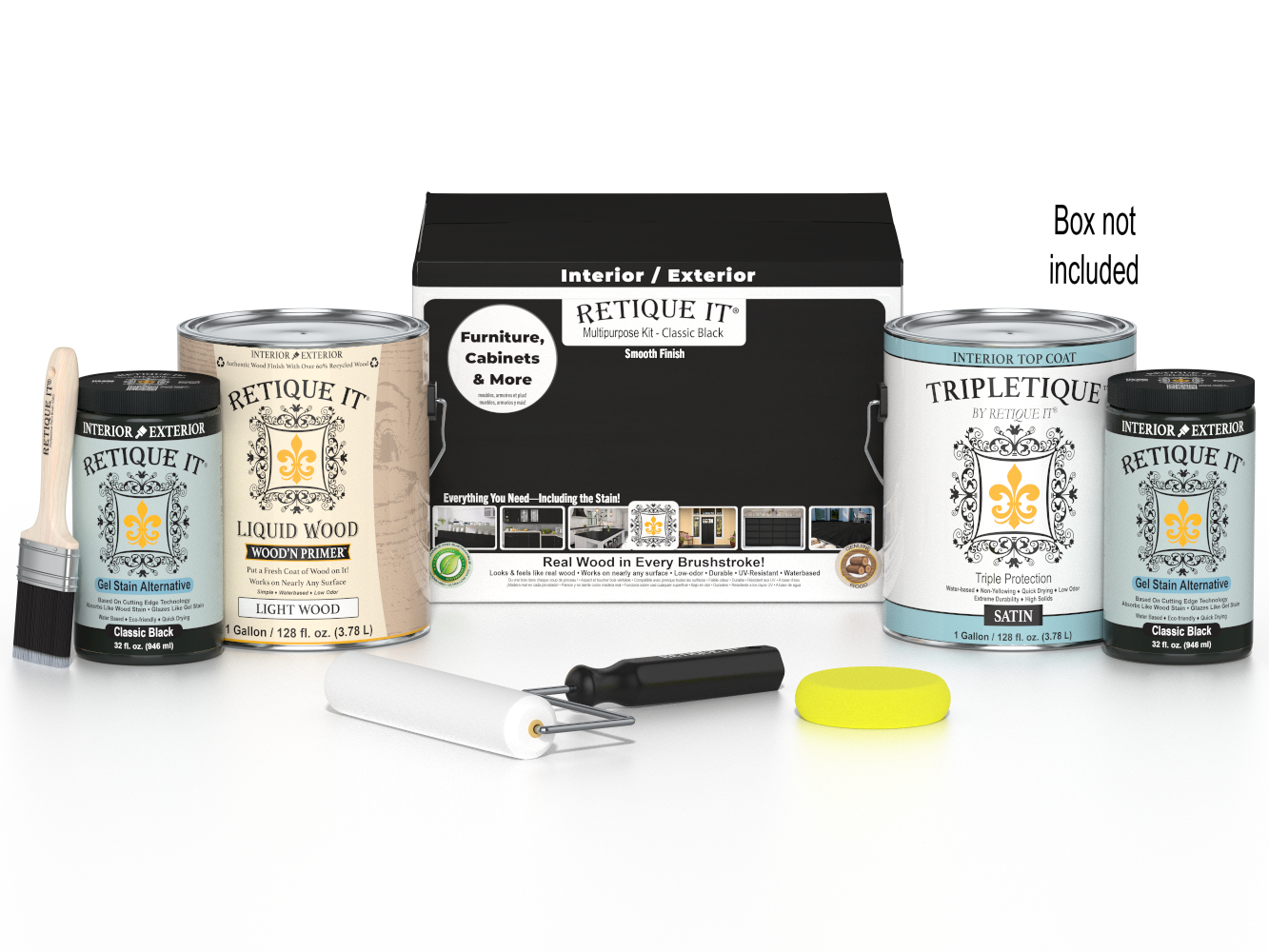 Retique It® Multi-purpose Smooth Finish Kit in classic black for interior wood projects, includes four large top coat bottles.