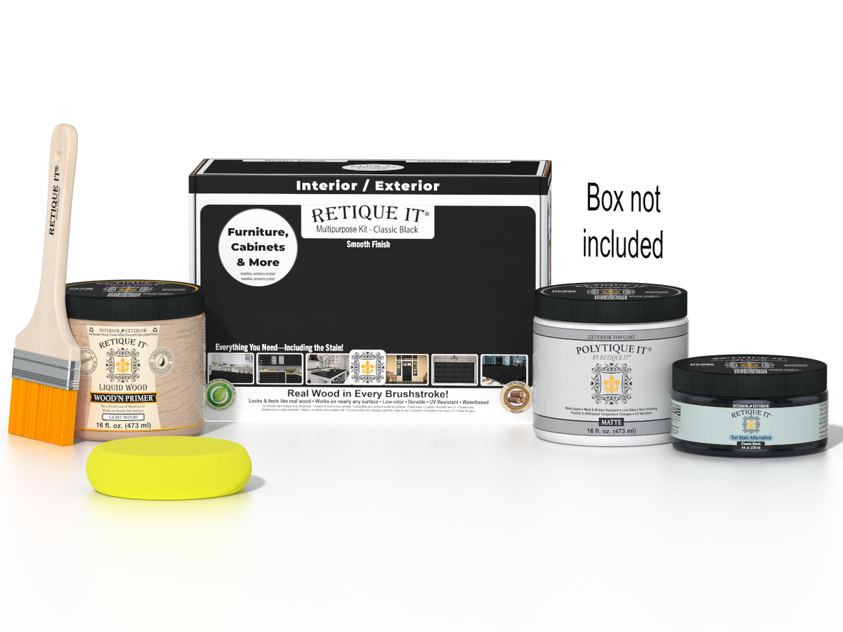 Retique It® Multi-purpose Smooth Finish Kit in classic black for wood exterior top coat, includes application tools and components.