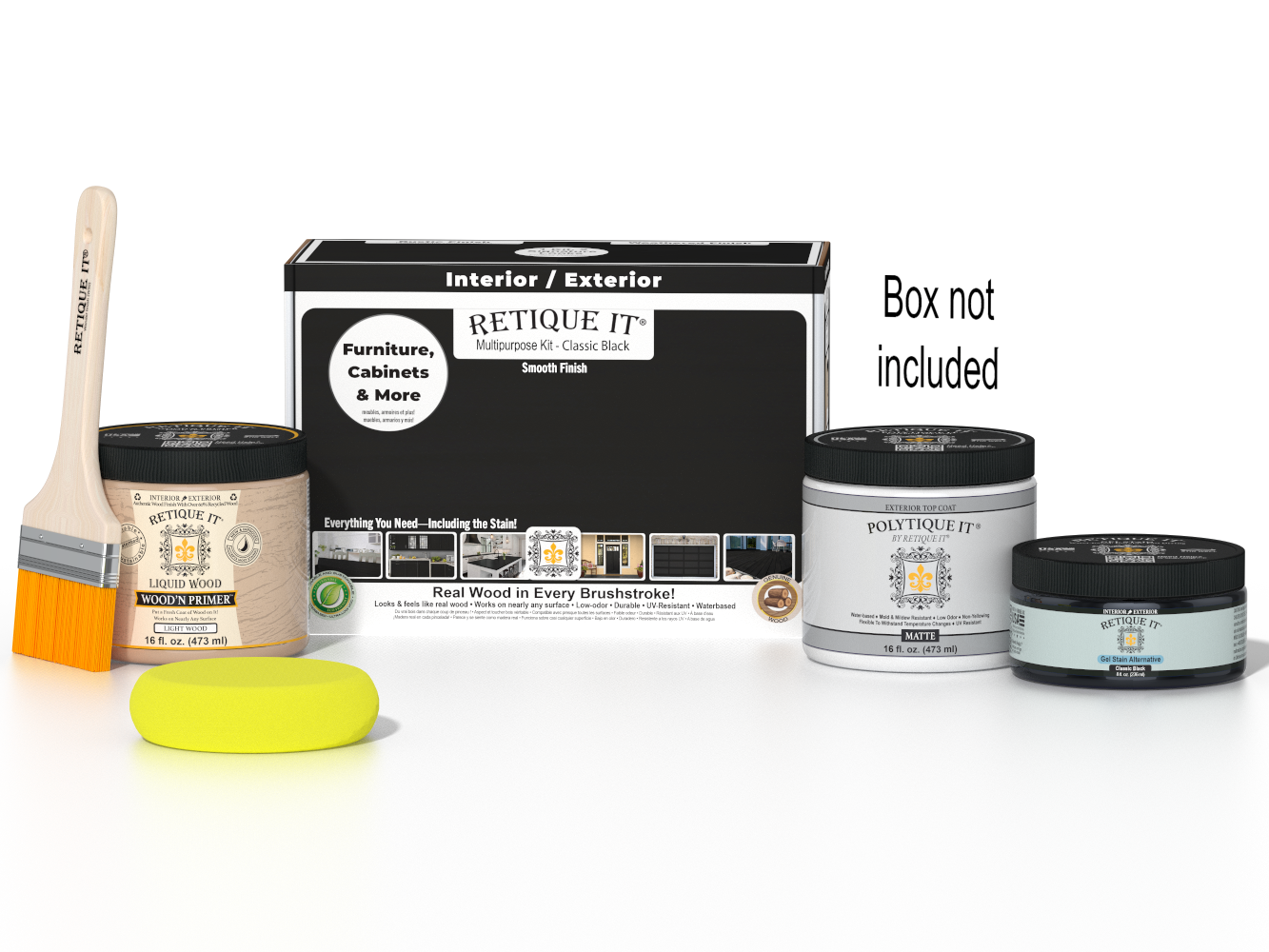 Retique It® Multi-purpose Smooth Finish Kit in classic black for wood exterior top coat, includes application tools and components.