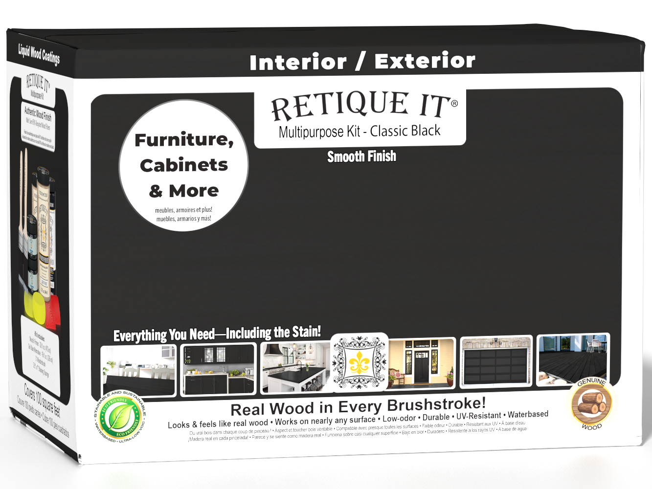 Retique It® large black wood finish kit with smooth finish, includes multiple tools and products for wood finishing projects.