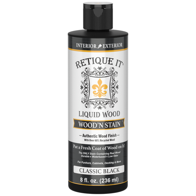 8 oz Liquid Wood Wood'n Stain in Classic Black by Retique It, featuring a jar of dark wood stain with a black lid.
