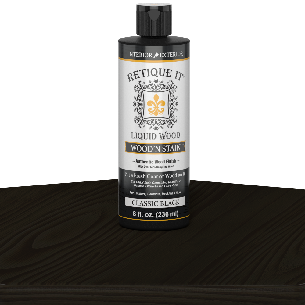 Retique It Liquid Wood Wood'n Stain in Classic Black, 8 oz bottle, showcasing the dark stain applied to wood surface.