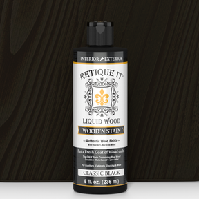 Retique It Liquid Wood Wood'n Stain in Classic Black, 8 oz bottle, showcasing the dark stain liquid for wood finishing.