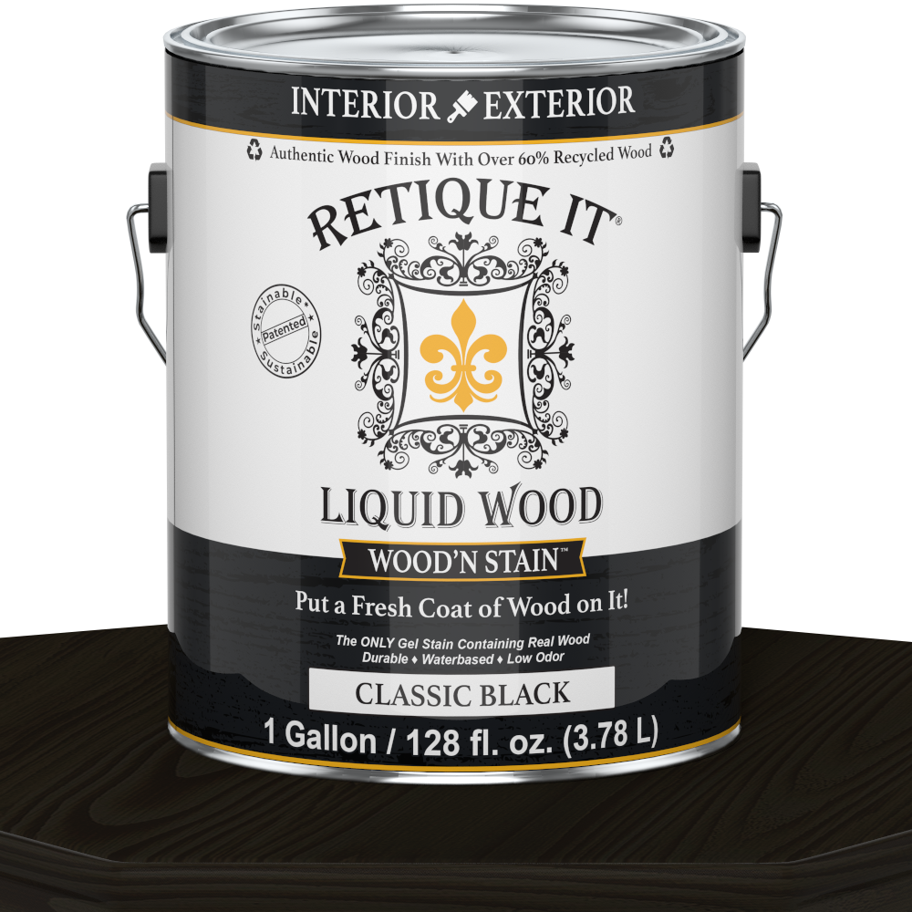 Retique It Liquid Wood Wood'n Stain in classic black, 128 oz bottle, showcasing the dark, rich stain for wood finishing.