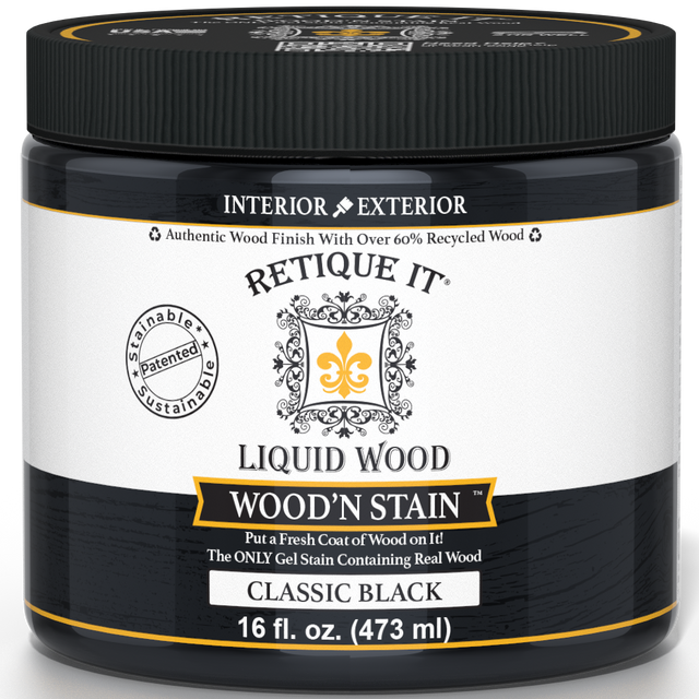 Liquid Wood Wood'n Stain in 16 oz classic black by Retique It, showing a jar of dark stain for wood finishing.