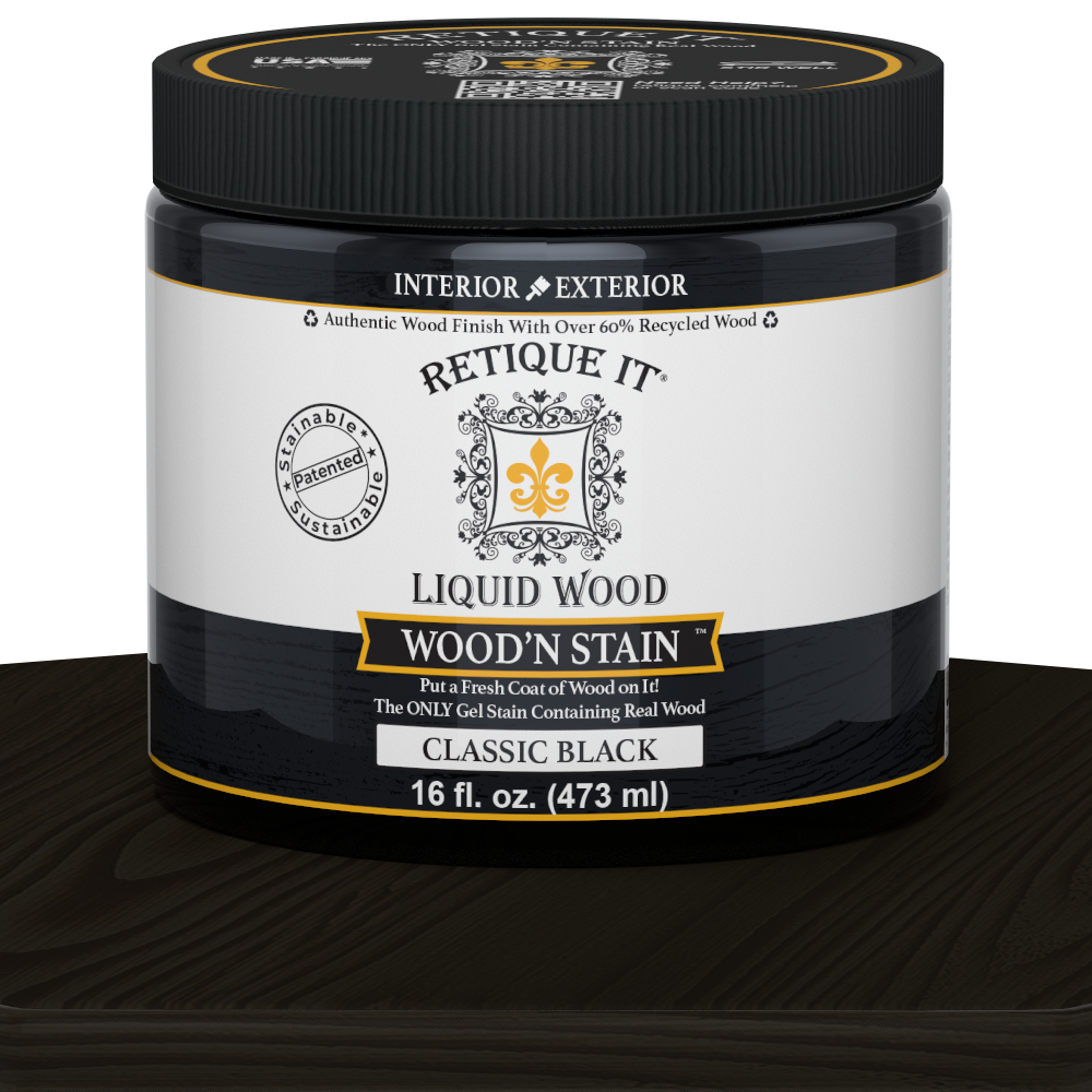 Retique It Liquid Wood Wood'n Stain 16 oz in Classic Black, featuring a bottle of wood stain with black finish and labeling.