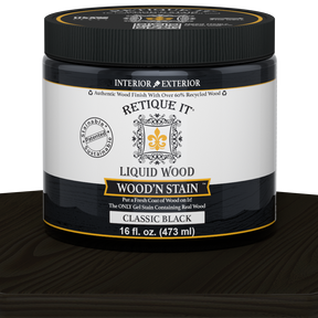 Retique It Liquid Wood Wood'n Stain 16 oz in Classic Black, featuring a bottle of wood stain with black finish and labeling.