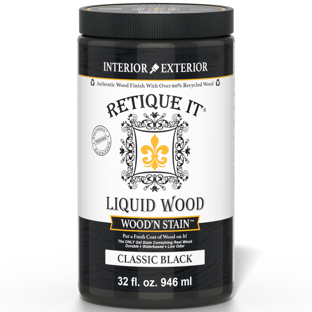 Retique It Liquid Wood Wood'n Stain in classic black, 32 oz bottle, showing the dark stain product for wood finishing.