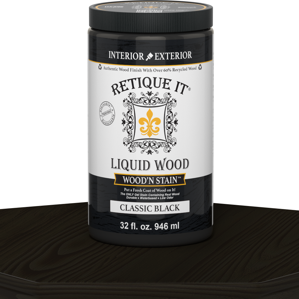 Retique It Liquid Wood Wood'n Stain in Classic Black, 32 oz bottle, showcasing the dark stained wood surface.