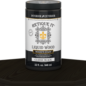 Retique It Liquid Wood Wood'n Stain in Classic Black, 32 oz bottle, showcasing the dark stained wood surface.