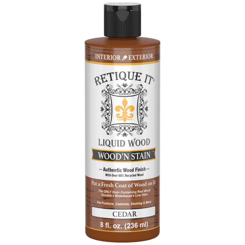Liquid Wood Wood'n Stain by Retique It in Cedar color, 8 oz bottle, showing the stain's rich cedar wood finish.